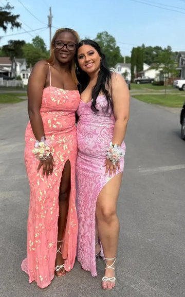 Niulatu Spaghetti Strap Sheath Long Prom Dresses Glitter Coral Pink Evening Dresses with Slit HZ1026
